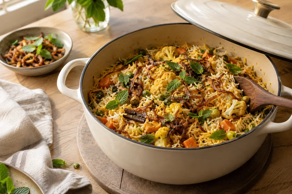Gemüse-Biryani mit duftendem Basmatireis – Einblick in Zubereitungsschritt 4