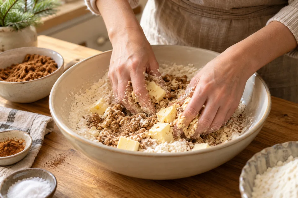 Butterwürfel werden mit Mehl, braunem Zucker und Gewürzen verknetet