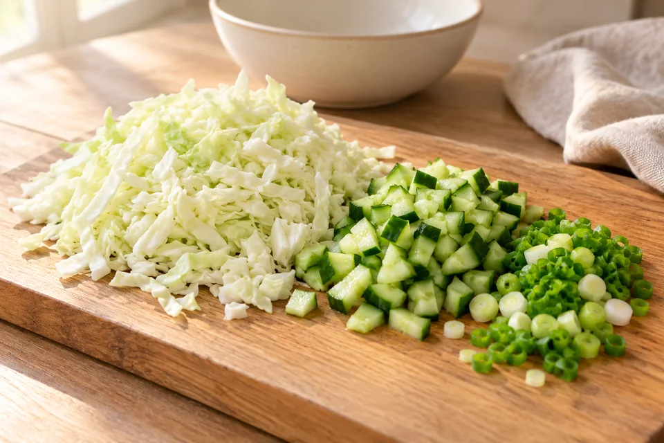 Green Goddess Salat mit Kräuterdressing: Kohl von harten Strunkteilen befreien und sehr fein hacken