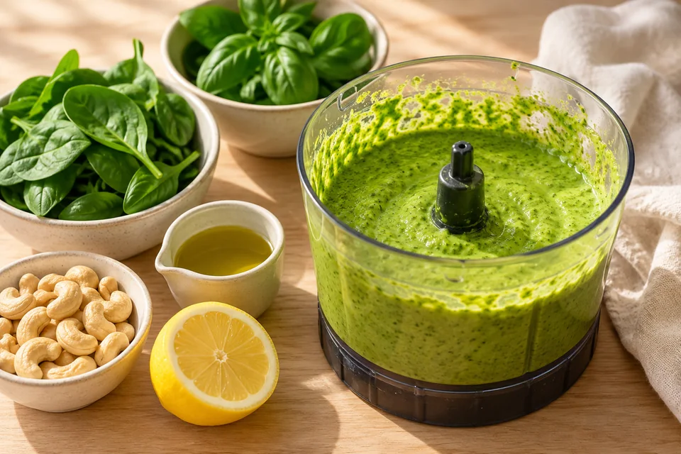 Green Goddess Salat mit Kräuterdressing: Spinat und Basilikum waschen und abtropfen lassen