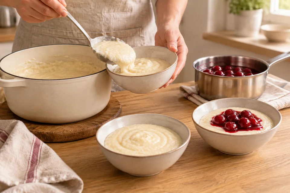 Grießbrei mit warmen Kirschen – Zubereitungsschritt 4