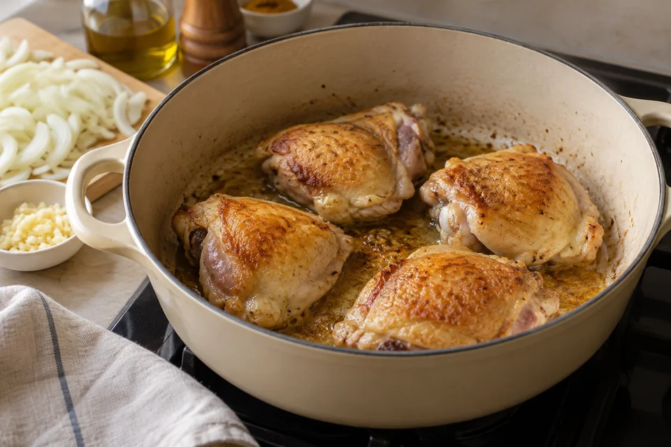 Hähnchen mit Salzzitrone und Oliven: Hähnchen anbraten.