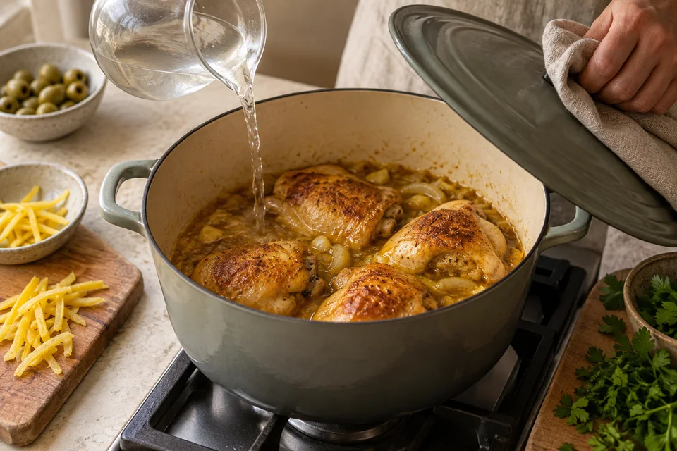 Hähnchen mit Salzzitrone und Oliven: Sanft schmoren.