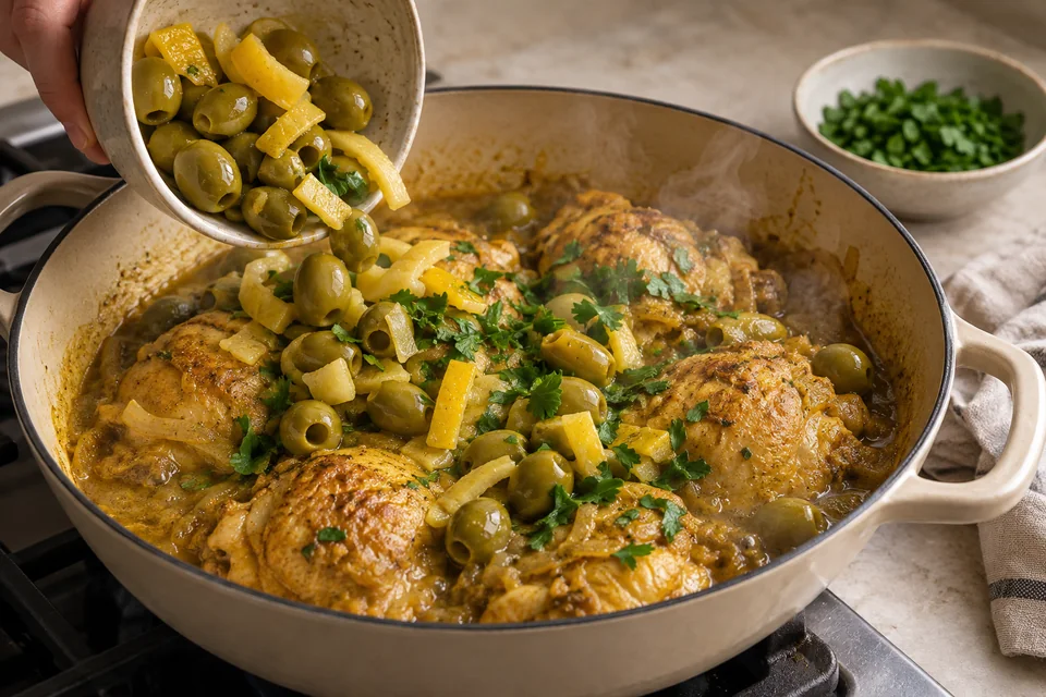 Hähnchen mit Salzzitrone und Oliven: Zitrone und Oliven zugeben.