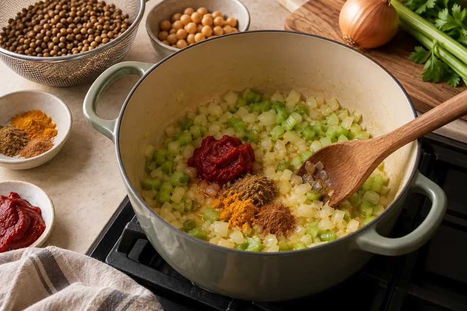Vegetarische Harira mit Linsen und Kichererbsen: Gemüse anschwitzen.