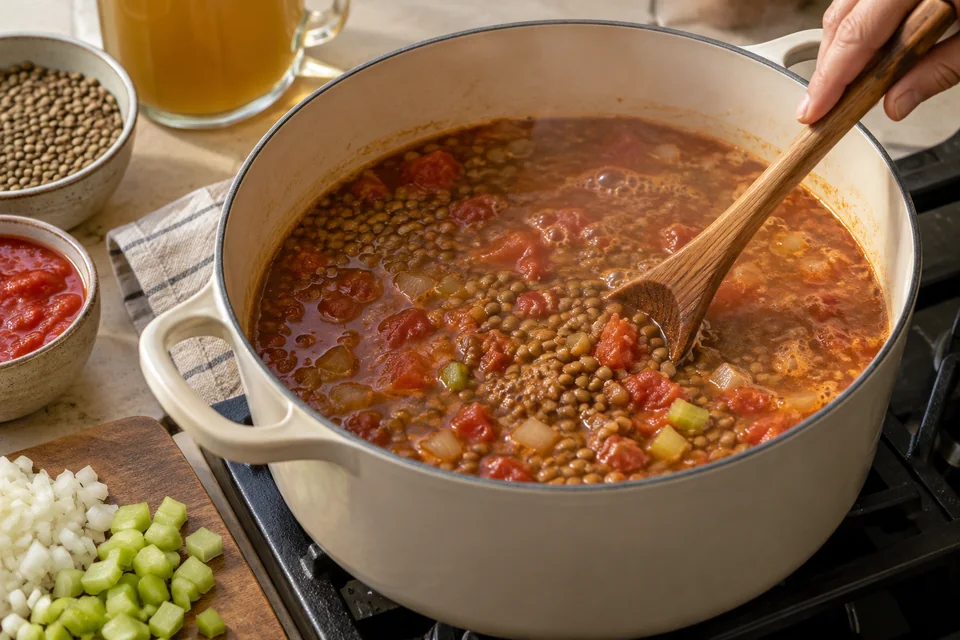 Vegetarische Harira mit Linsen und Kichererbsen: Linsen weich kochen.