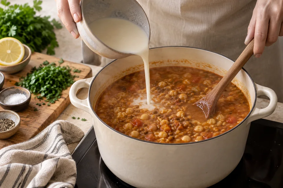Vegetarische Harira mit Linsen und Kichererbsen: Sämig binden und abschmecken.