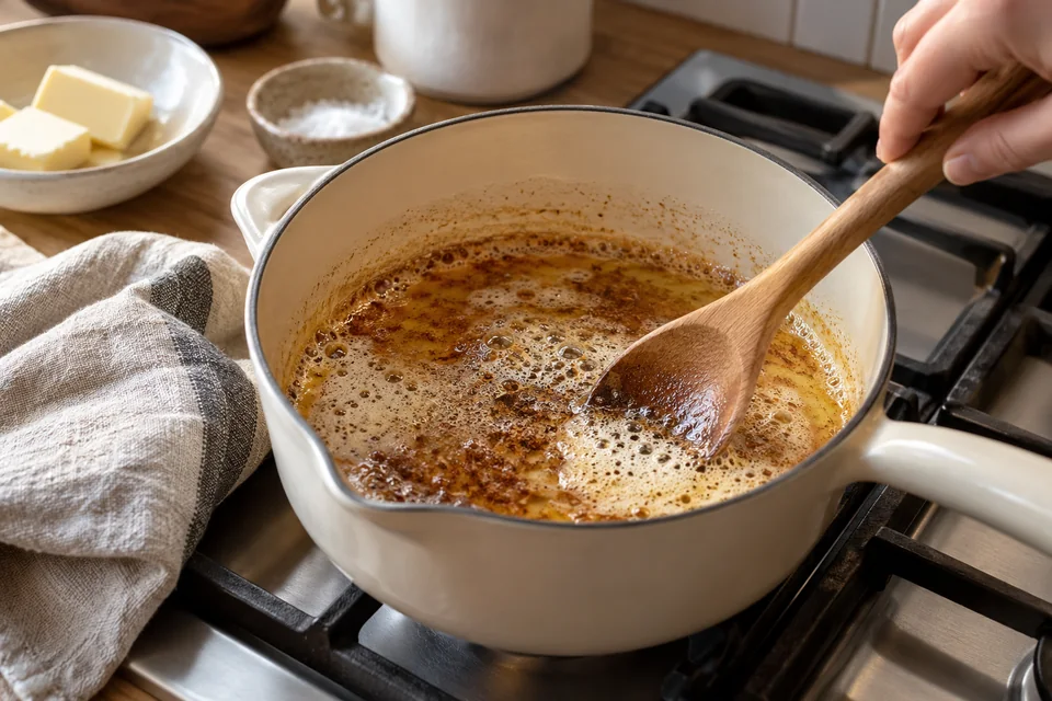 Butter wird in einem hellen Topf goldbraun und nussig