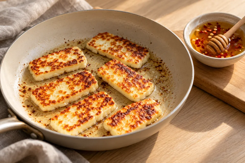 Hot-Honey-Halloumi mit Ofenkarotten: Halloumi trocken tupfen und in etwa 1 cm dicke Scheiben schneiden