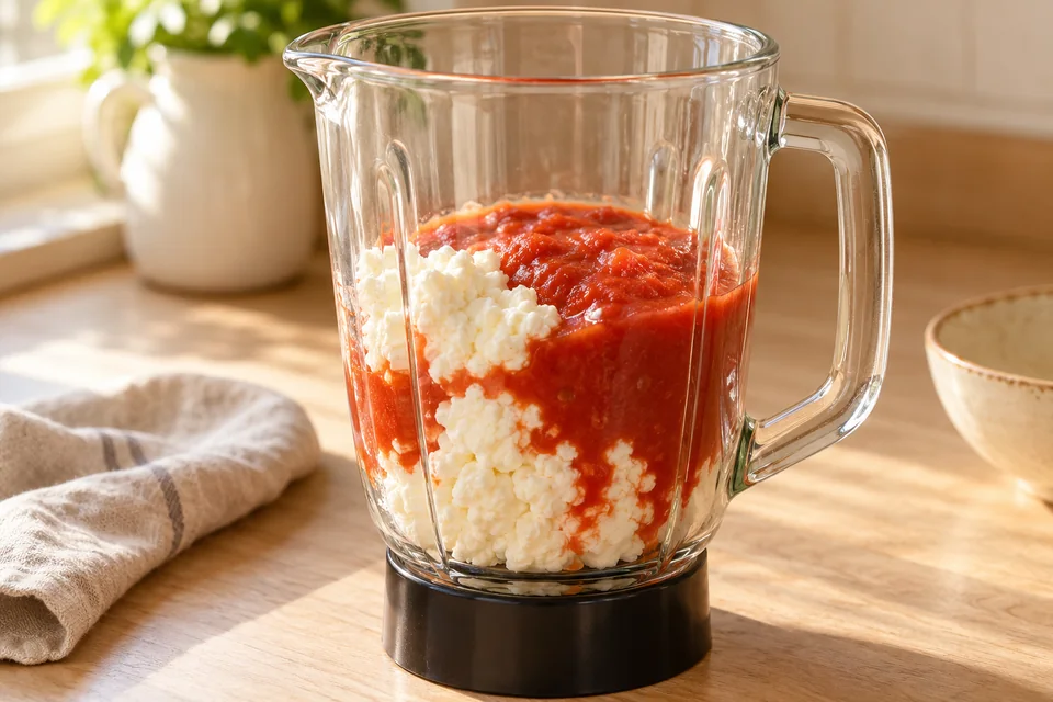 Tomatenpasta mit Hüttenkäse – Cottage Cheese Pasta: Hüttenkäse mit der etwas abgekühlten Tomatensauce im Standmixer oder mit dem Stabmixer sehr fein pürieren