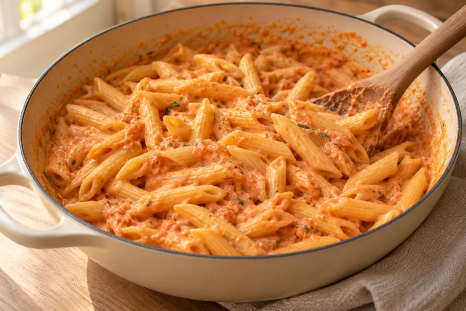 Tomatenpasta mit Hüttenkäse – Cottage Cheese Pasta: Sauce zurück in den Topf geben und bei kleiner Hitze erwärmen, nicht sprudelnd kochen