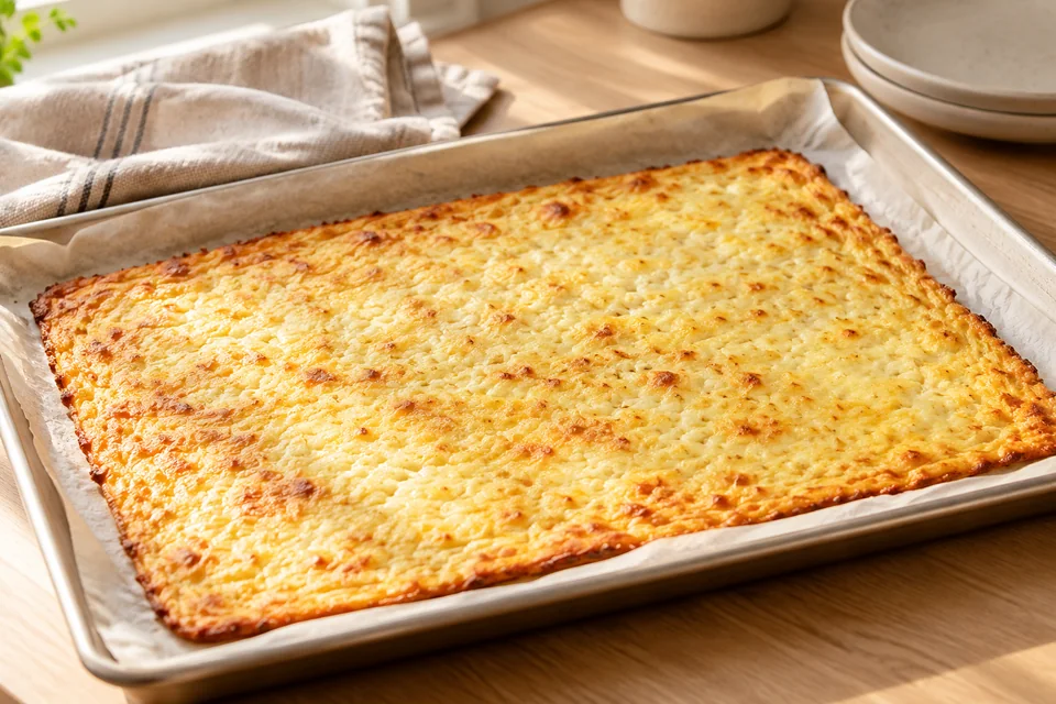 Hüttenkäse-Wrap – Cottage Cheese Flatbread: Fladen etwa 25–30 Minuten backen, bis die Oberfläche goldgelb, die Masse vollständig gestockt und der Rand leicht gebräunt ist
