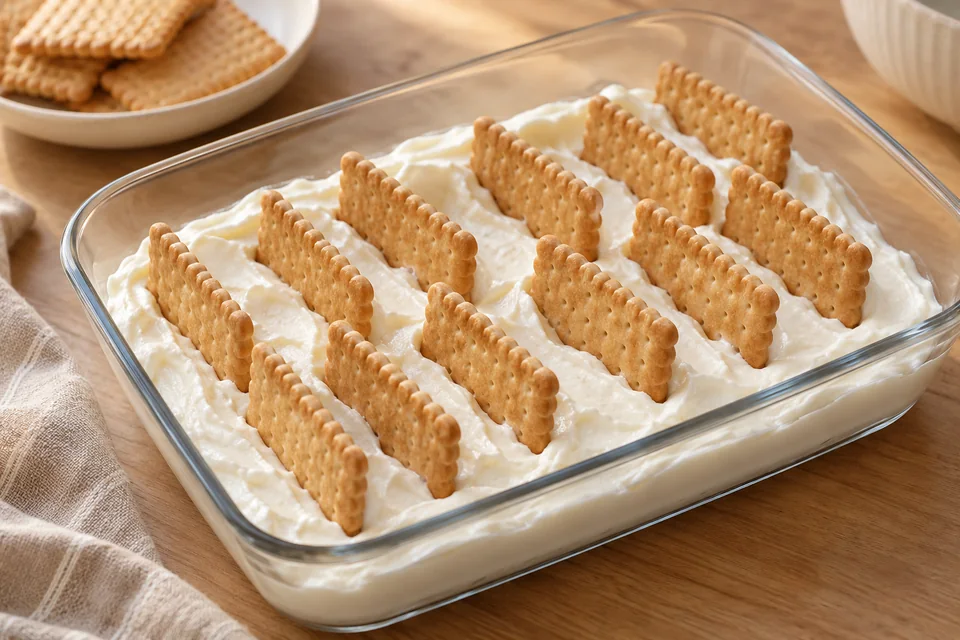Joghurt-Keks-Dessert – No Bake Cheesecake Style: Etwas Joghurt in die Gläser geben