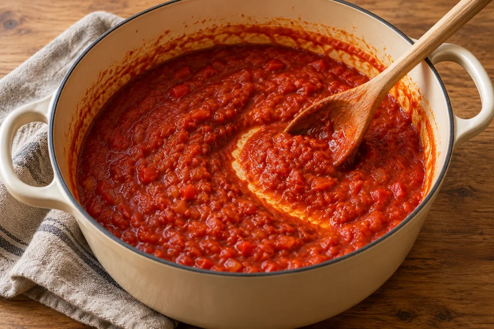 Dicke eingekochte Tomaten-Paprika-Sauce vor der Reiszugabe