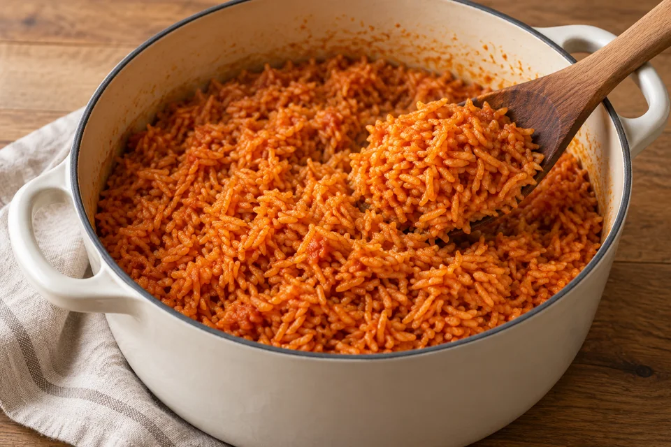 Fertig gegarter orangefarbener Jollof-Langkornreis im Topf