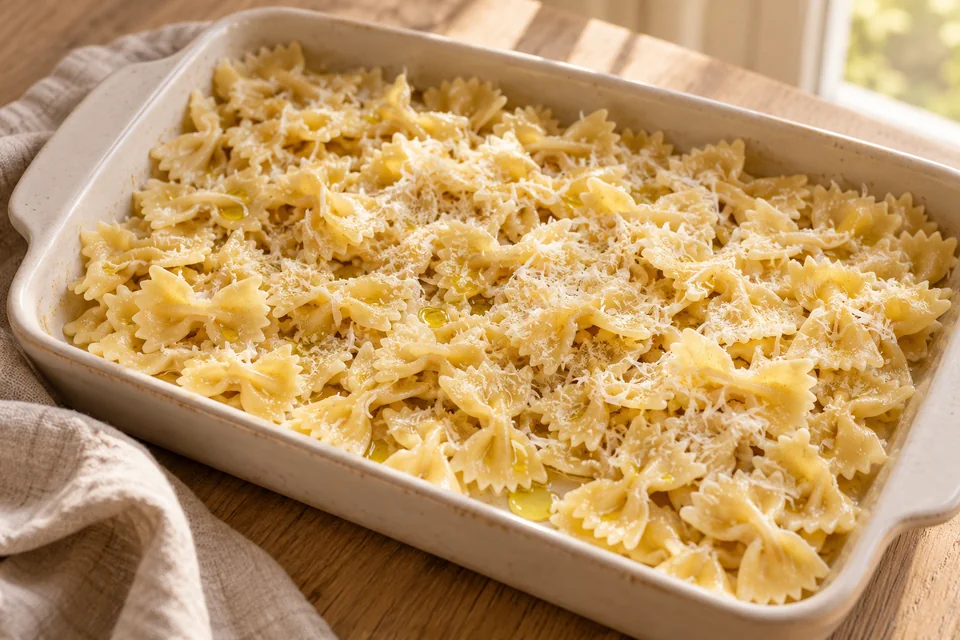 Käse-Pasta-Chips mit Pfefferdip – Pasta Chips: Nudeln mit Öl, geriebenem Käse und der Hälfte des Pfeffers mischen