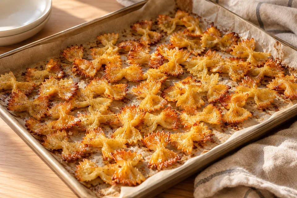 Käse-Pasta-Chips mit Pfefferdip – Pasta Chips: 20–25 Minuten backen und zwischendurch wenden
