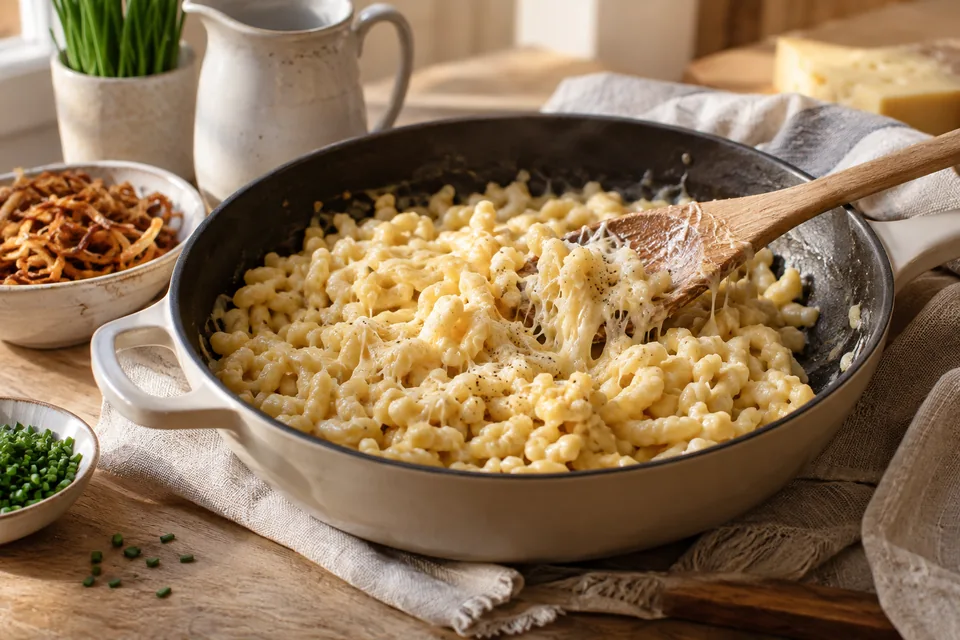 Käsespätzle mit Röstzwiebeln – Einblick in Zubereitungsschritt 4