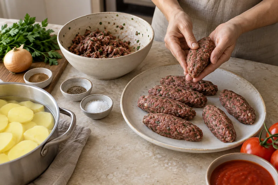 Kafta aus dem Ofen mit Kartoffeln und Tomaten: Kartoffeln und Kafta vorbereiten.