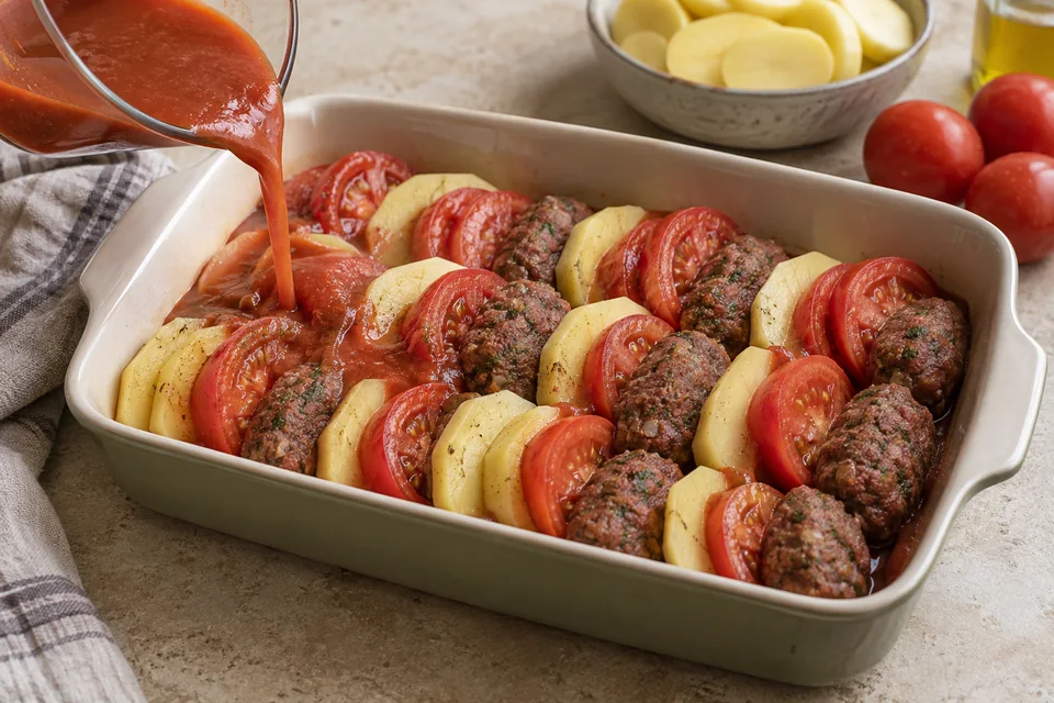 Kafta aus dem Ofen mit Kartoffeln und Tomaten: In die Form schichten.