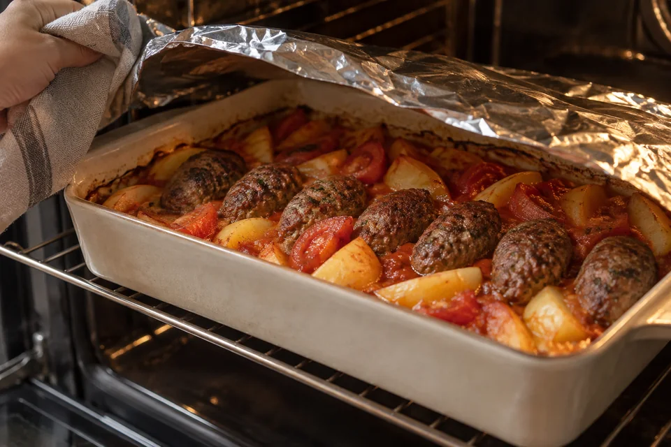 Kafta aus dem Ofen mit Kartoffeln und Tomaten: Saftig backen.
