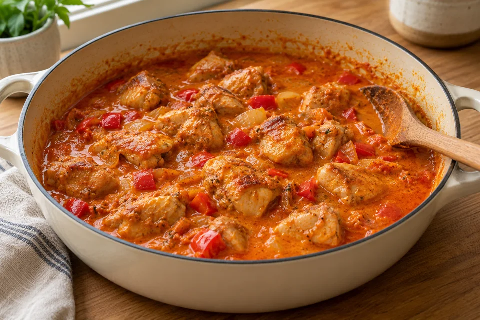 Hähnchenstücke und rote Paprika köcheln in cremiger Tomaten-Erdnusssauce