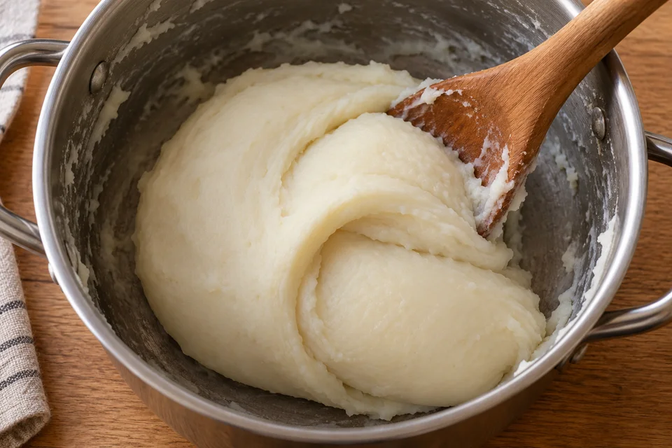 Glatter weißer Kartoffel-Fufu wird mit einem Holzlöffel im Topf gefaltet