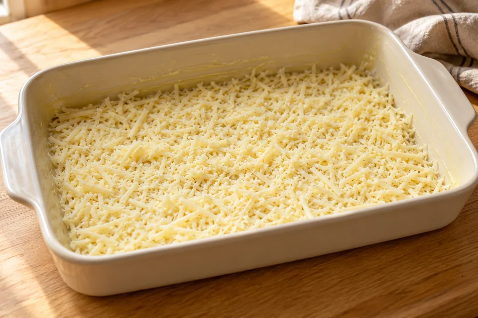 Knusprige Kartoffeln mit Käsekruste – Parmesan Potatoes: Butter schmelzen und auf ein mit Backpapier belegtes Blech streichen