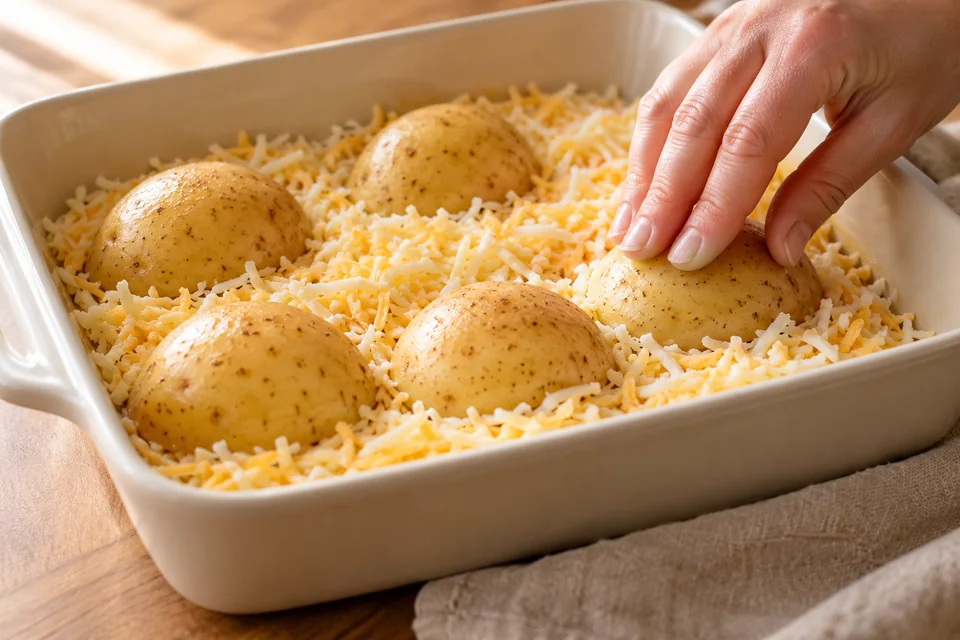 Knusprige Kartoffeln mit Käsekruste – Parmesan Potatoes: Kartoffeln mit den Schnittflächen fest in die Käseschicht drücken