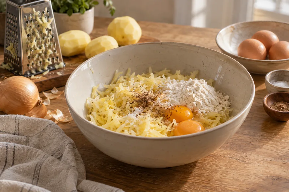 Kartoffelpuffer mit selbst gemachtem Apfelmus – Einblick in Zubereitungsschritt 2