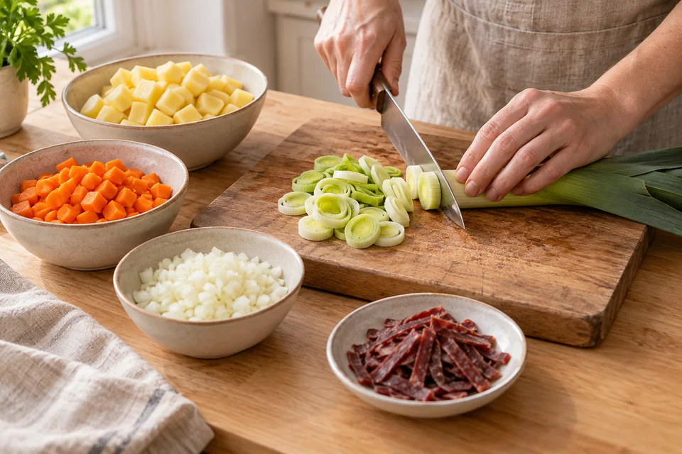 Kartoffelsuppe mit Lauch und Pastırma – Zubereitungsschritt 1