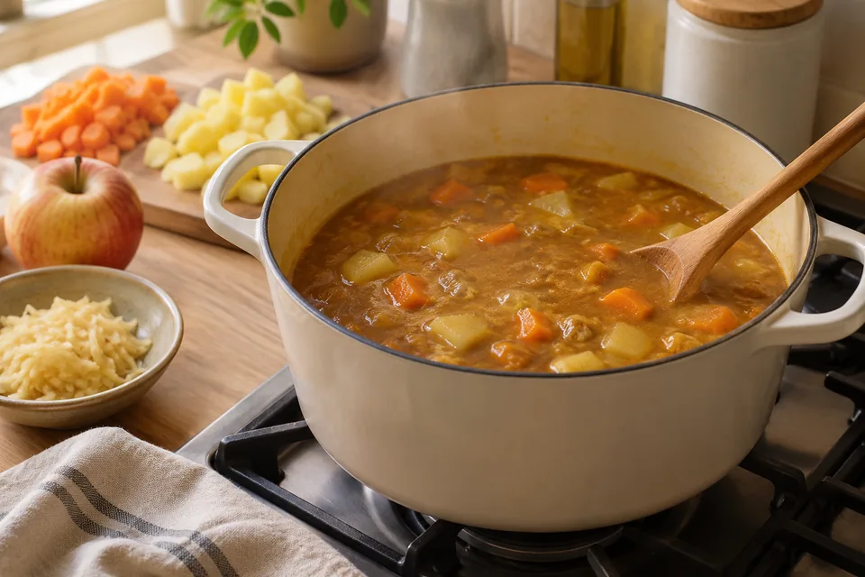 Japanisches Katsu-Curry mit Hähnchen – Einblick in Zubereitungsschritt 1