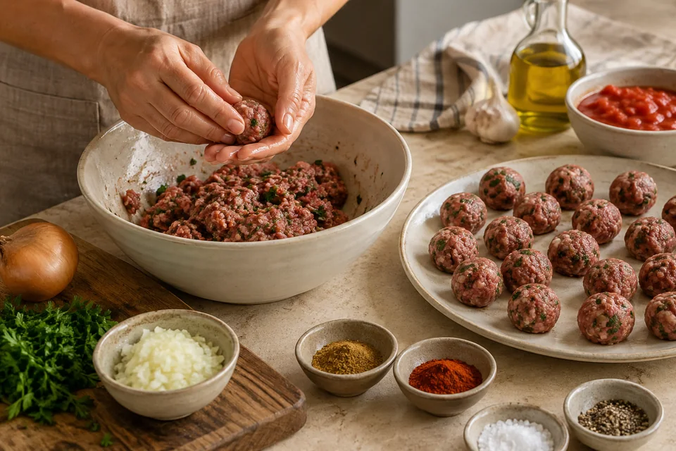 Kefta-Tajine mit Rinderhackbällchen und Eiern: Kleine Kefta formen.