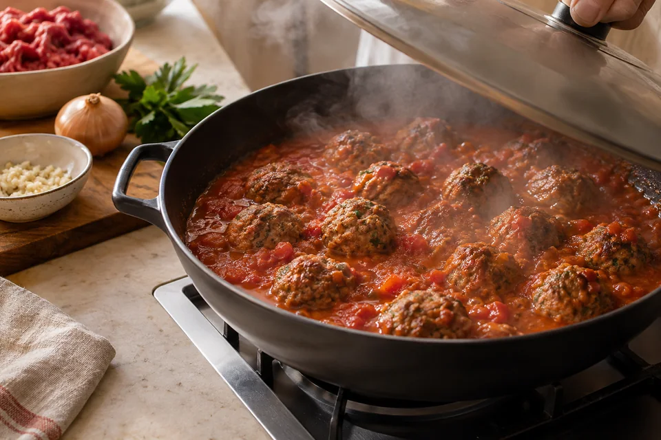 Kefta-Tajine mit Rinderhackbällchen und Eiern: Tomatensauce köcheln.