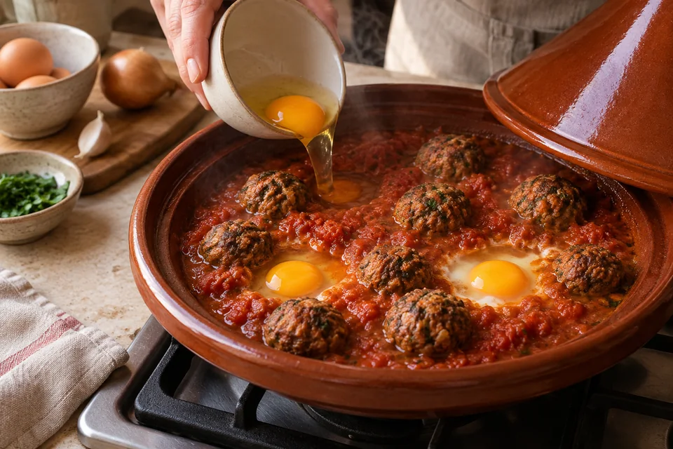 Kefta-Tajine mit Rinderhackbällchen und Eiern: Eier stocken lassen.