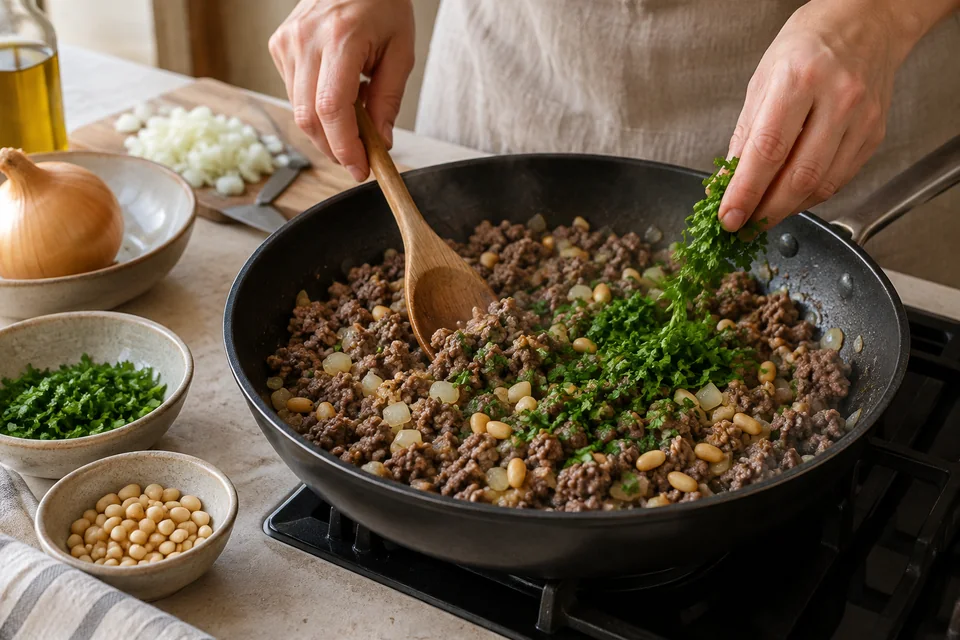 Kibbeh vom Blech mit Rindfleisch und Bulgur: Bulgur quellen lassen und Füllung braten.