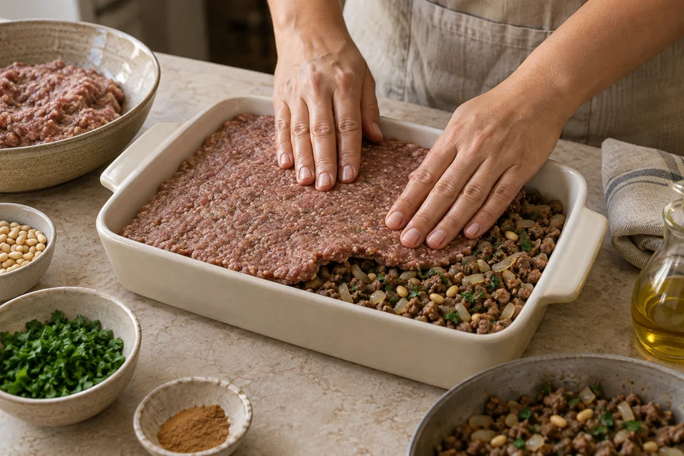Kibbeh vom Blech mit Rindfleisch und Bulgur: Zwei Schichten formen.