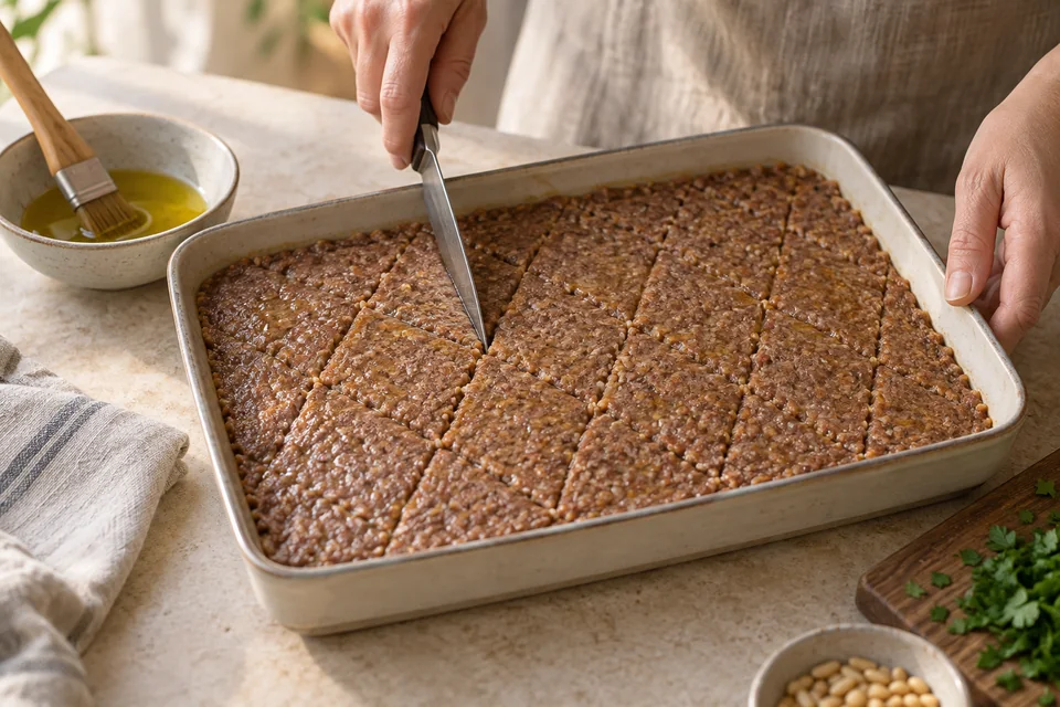Kibbeh vom Blech mit Rindfleisch und Bulgur: Rauten einschneiden und backen.