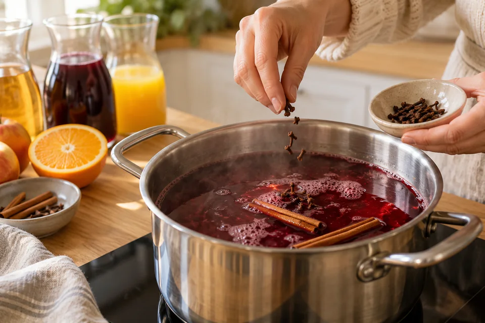 Roter Früchtetee und Saft werden mit Zimt und Nelken im Topf erwärmt