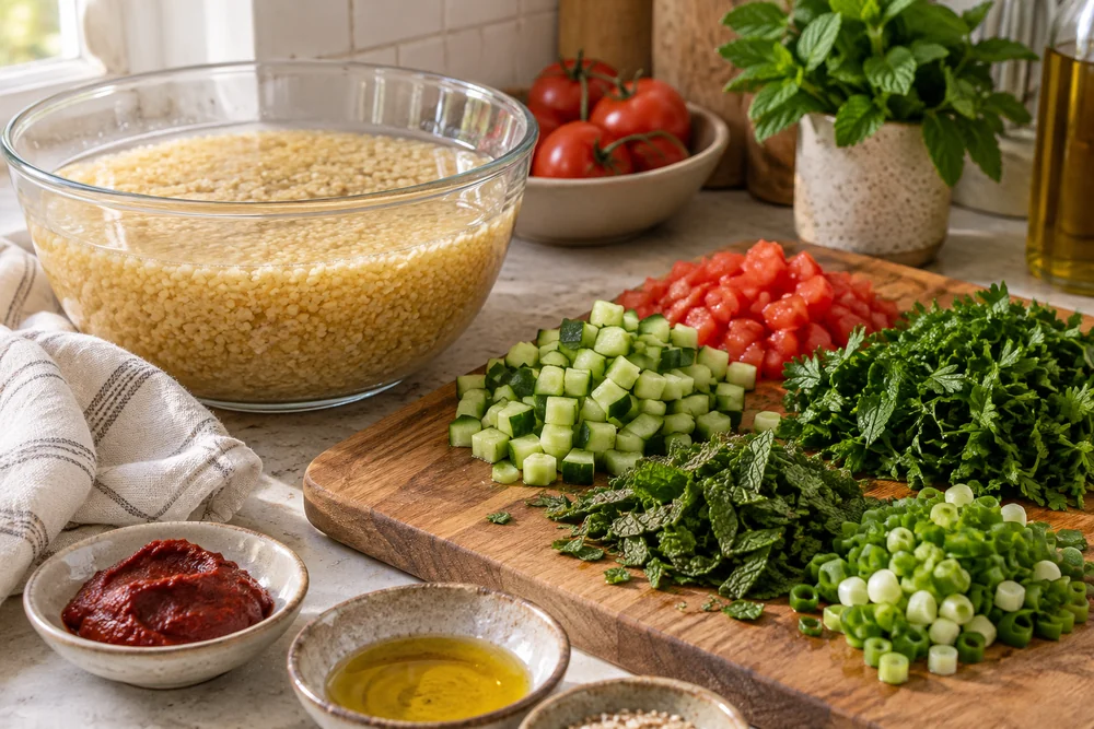 Kısır – türkischer Bulgursalat: Vorbereitung der Zutaten