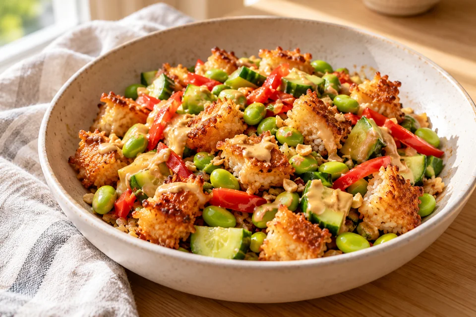 Knusperreis-Salat mit Edamame: Gemüse und Edamame mit dem Dressing mischen