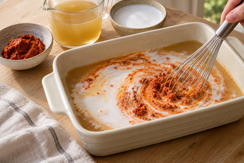 Kokos-Curry-Dumplings aus dem Ofen: Currypaste, Kokosmilch, Brühe und Sojasauce in einer großen Auflaufform verrühren