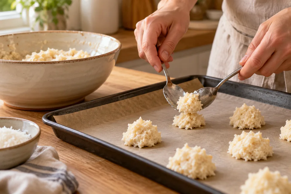 Kokosmasse wird mit zwei Löffeln auf ein Blech gesetzt