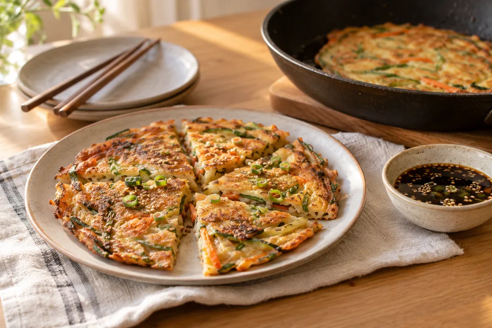 Koreanisch inspirierte Gemüsepfannkuchen – Einblick in Zubereitungsschritt 4