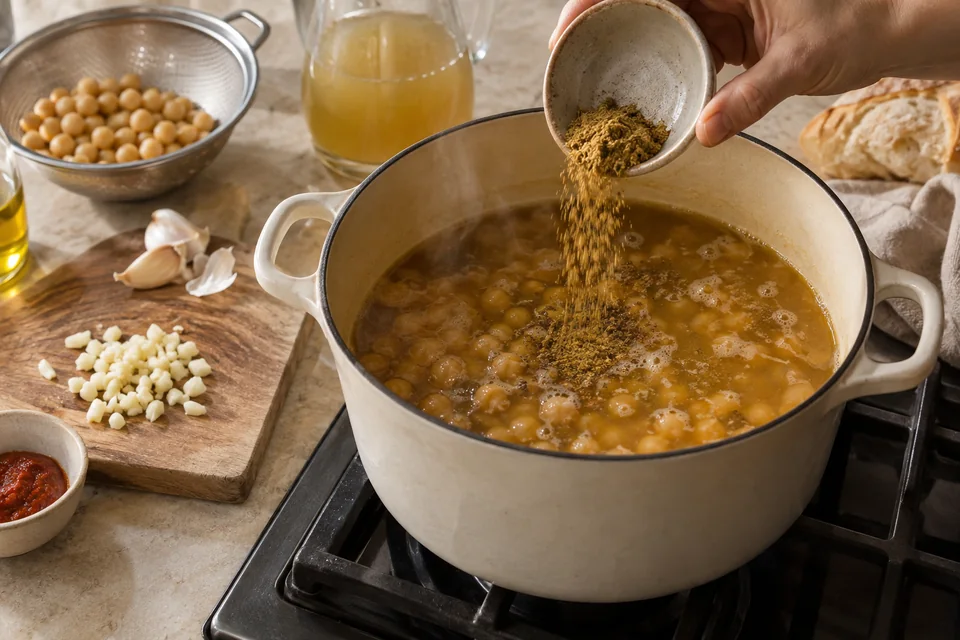 Lablabi – Kichererbsensuppe mit Kreuzkümmel und Brot: Würzige Brühe kochen.