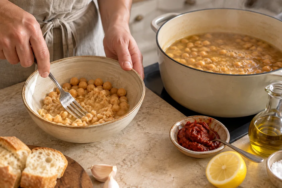 Lablabi – Kichererbsensuppe mit Kreuzkümmel und Brot: Einen Teil zerdrücken.