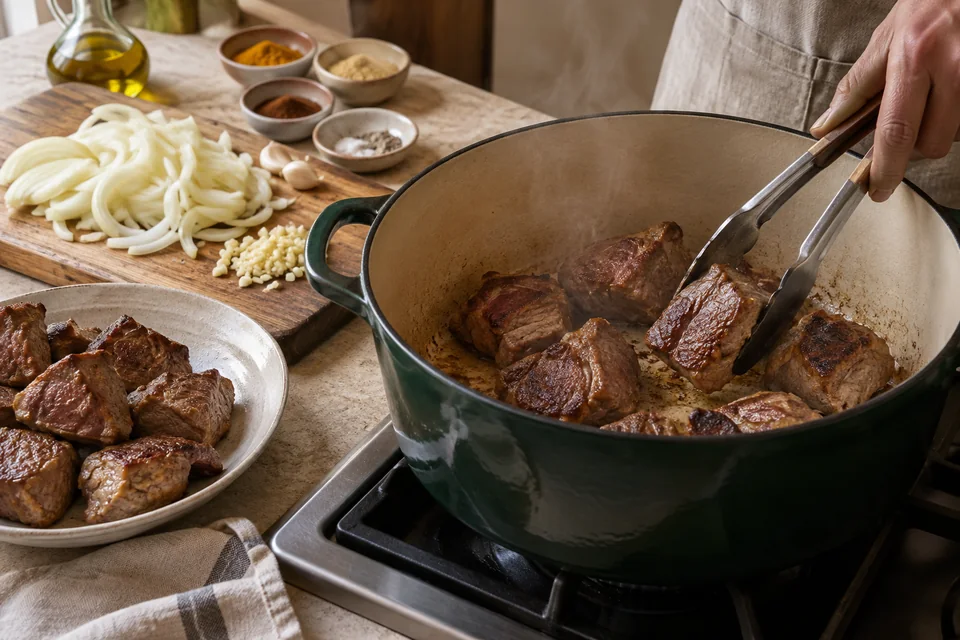 Lamm-Tajine mit Pflaumen und Mandeln: Fleisch portionsweise anbraten.