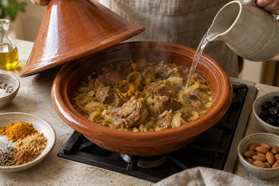 Lamm-Tajine mit Pflaumen und Mandeln: Langsam weich schmoren.