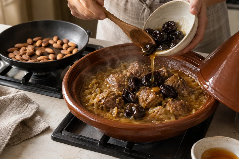 Lamm-Tajine mit Pflaumen und Mandeln: Pflaumen und Mandeln ergänzen.