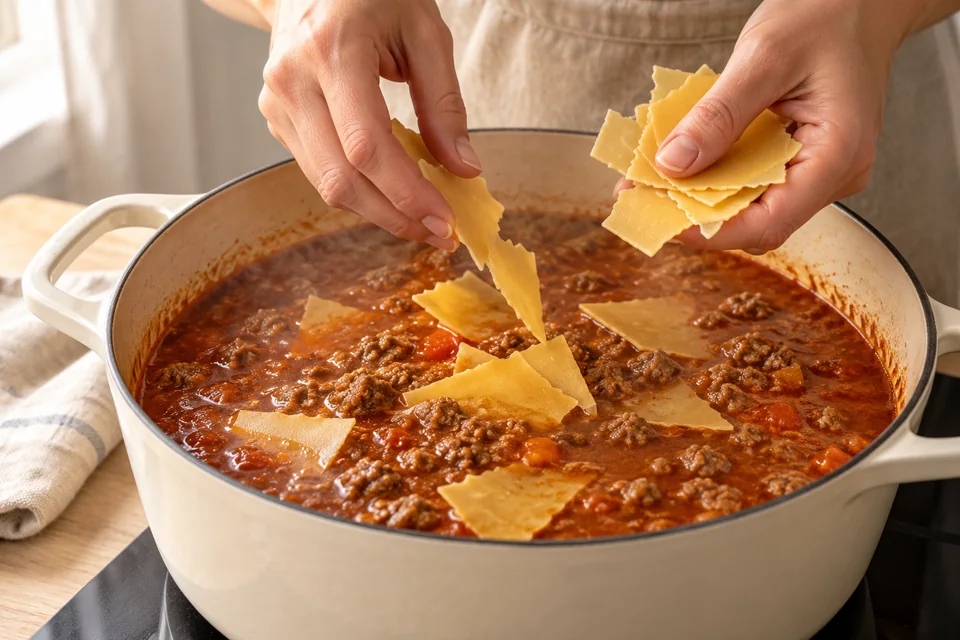 Lasagnesuppe mit Rinderhack – Lasagna Soup: Tomaten, Brühe und Oregano zugeben und aufkochen